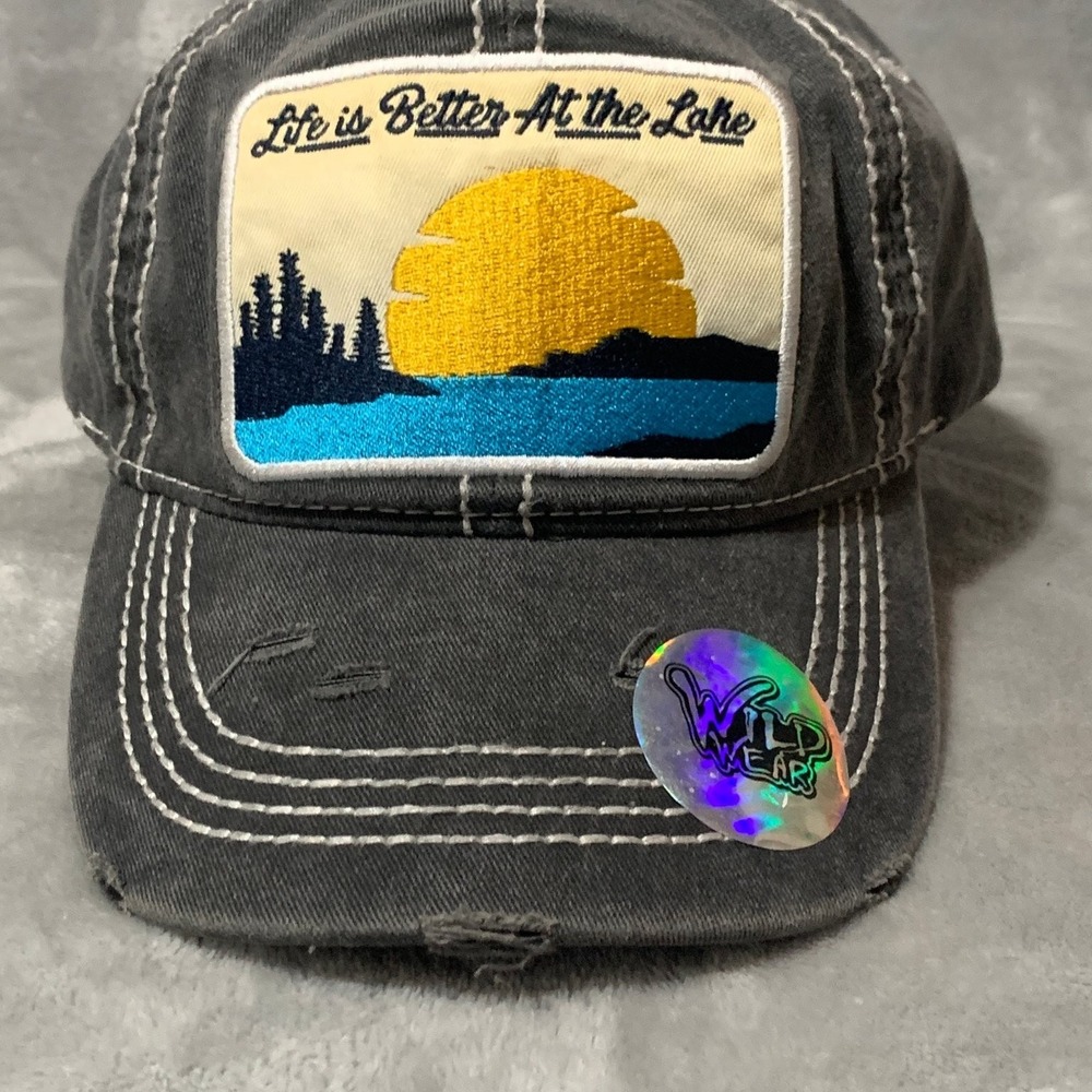 Wild Wear Hat Women's Grey Life is Better At the Lake Distressed Baseball Cap